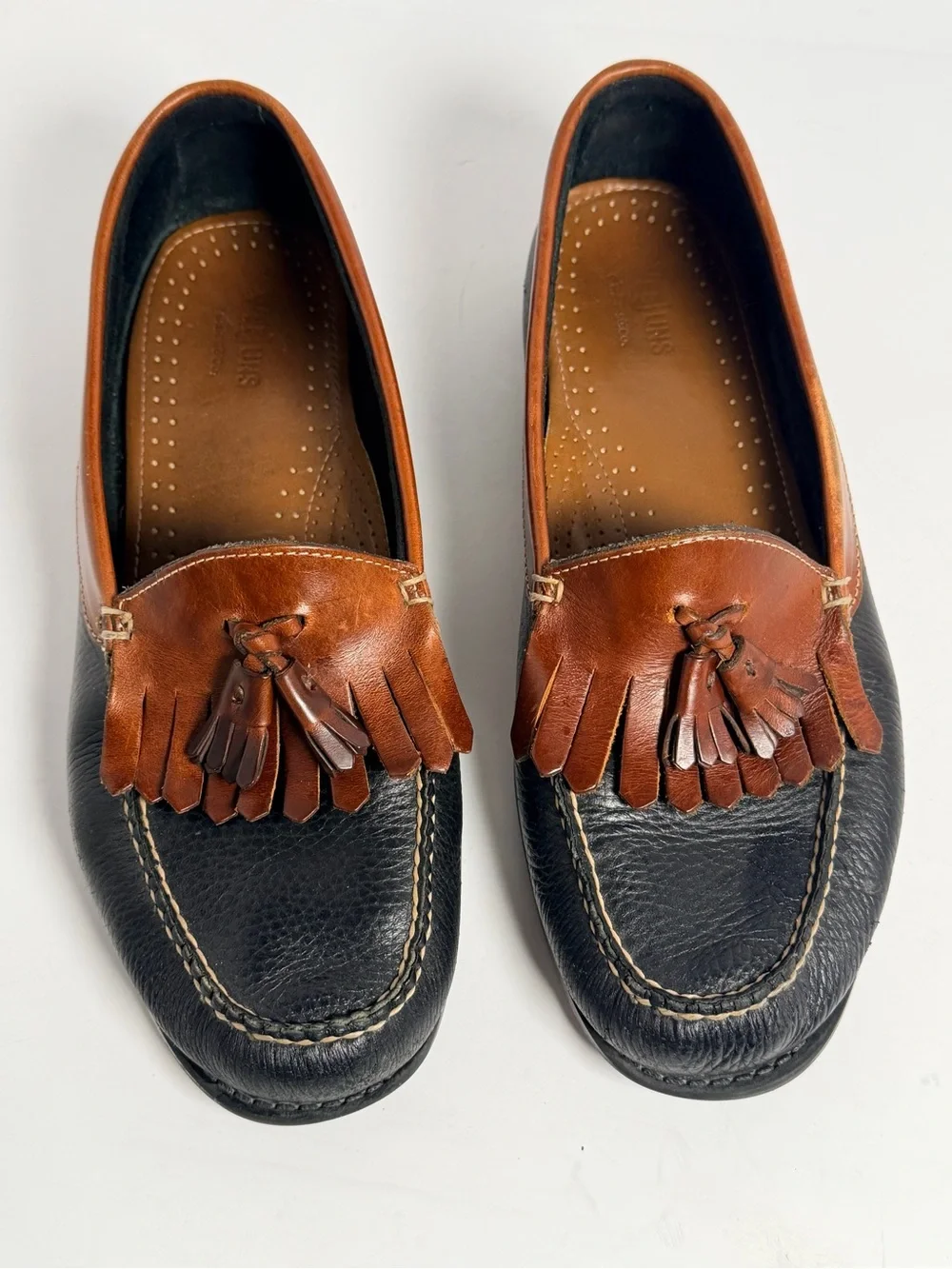 Vintage GH Bass Weejuns Kiltie Tassel Loafers Mens 9.5 Two Tone Black Brown Mcm